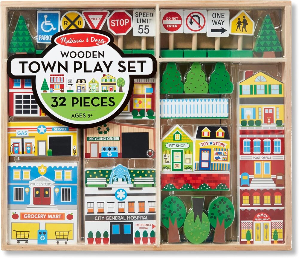 Melissa & Doug Wooden Town Play Set with Storage Tray 32 pcs Wooden Town NWT